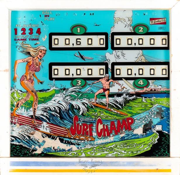 surf-champ-1205-bg.jpg pinball machine - Preview image showing playfield artwork and design details